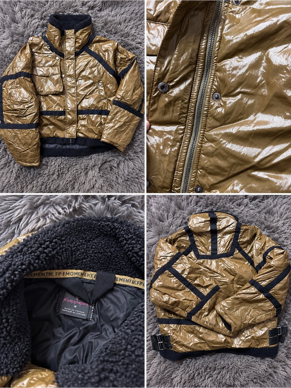 Free People Movement Vagabond Fleece Bomber Jacket Brown Black M NWOT $248